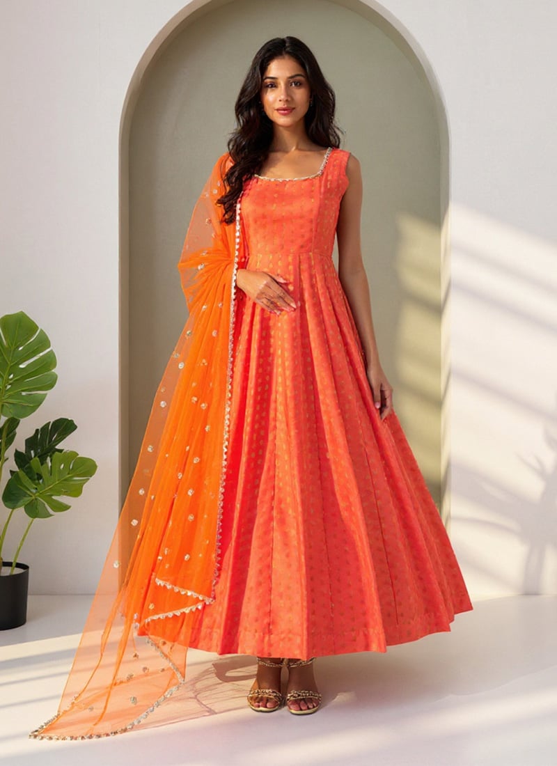 Orange Jacquard Silk Anarkali Suit