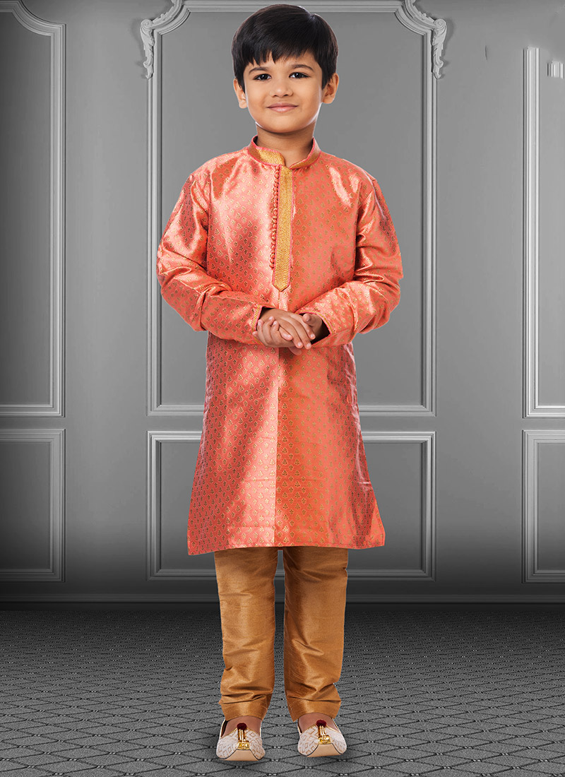 Orange Jacquard Silk Boys Kurta Pyjama Party Wear