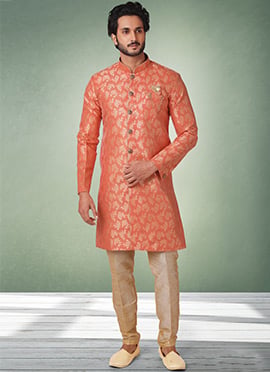 Orange Jacquard Silk Brocade Indowestern Sherwani