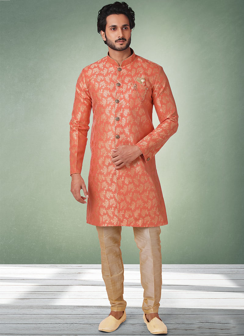 Orange Jacquard Silk Brocade Indowestern Sherwani Wedding Wear