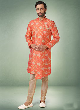 Orange Jacquard Silk Brocade Indowestern Sherwani