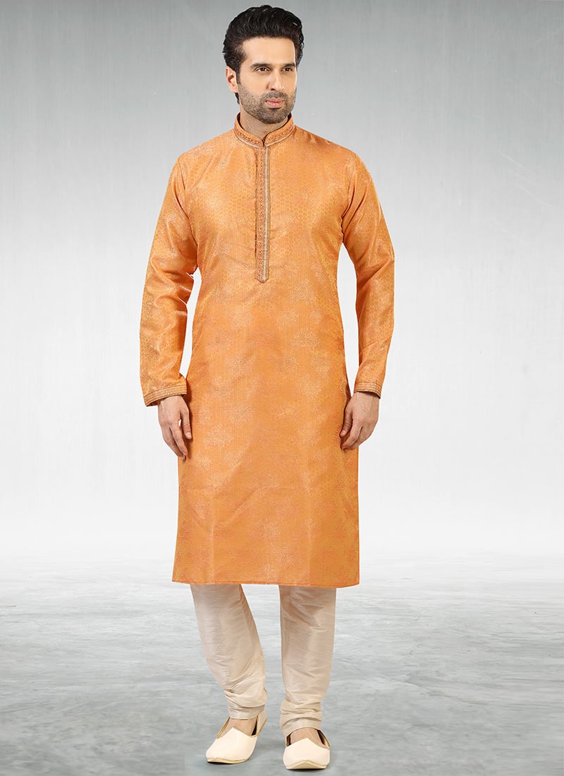 Orange Jacquard Silk Brocade Kurta Pyjama Party Wear