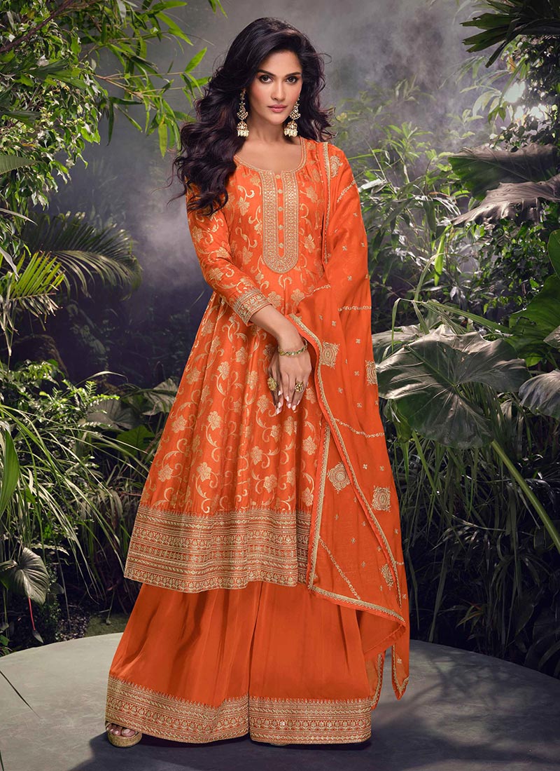Orange Jacquard Silk Embroidered Sequins A Line Palazzo Suit Festive Wear