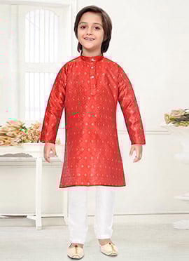 Orange Jacquard Silk Kids Kurta Pyjama Set With Rich Texture