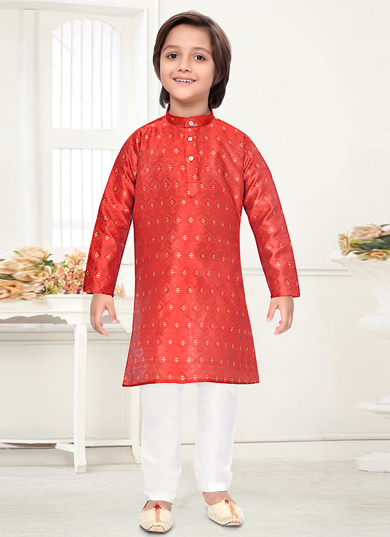 Orange Jacquard Silk Kids Kurta Pyjama Set With Rich Texture Festive Wear