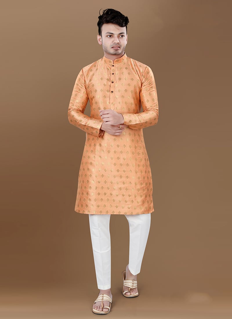Orange Jacquard Silk Kurta Pyjama Festive Wear