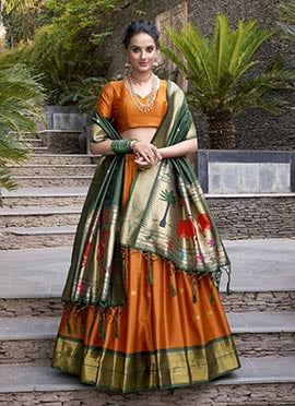 Orange Jacquard Silk Zari Woven Lehenga