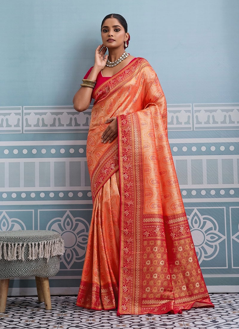 Orange Kanjivaram Soft Silk Zari Saree Festive Wear