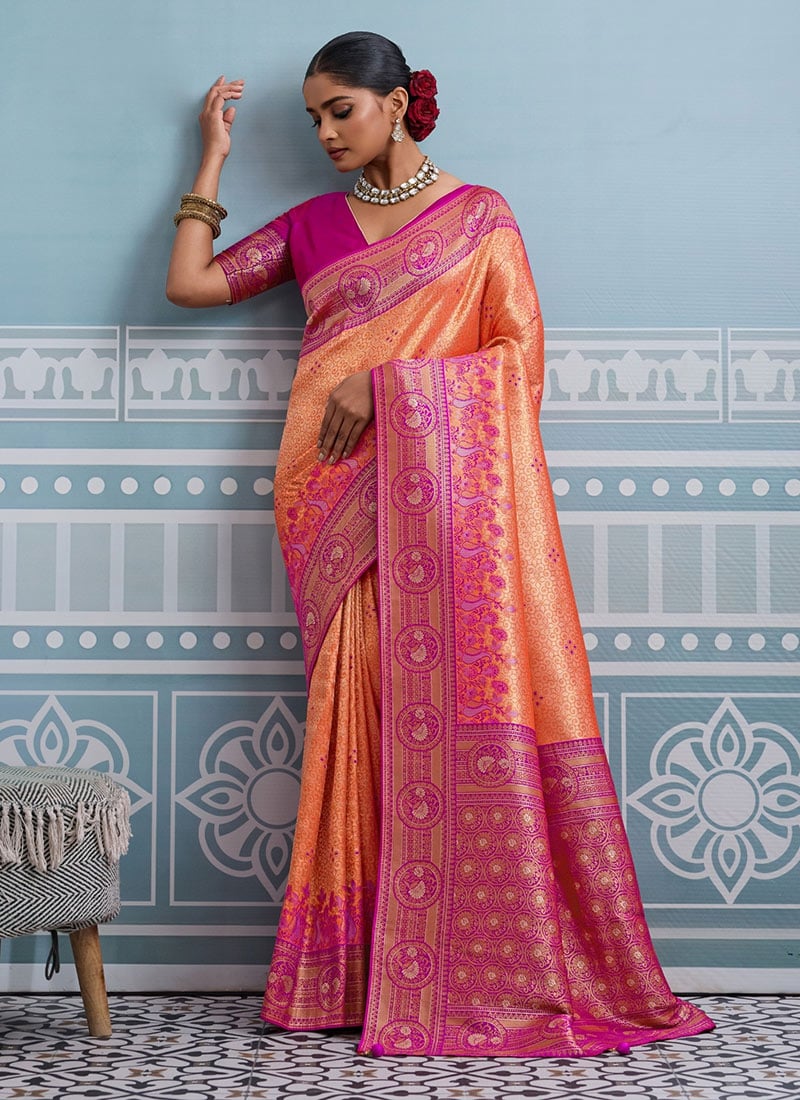 Orange Kanjivaram Soft Silk Zari Saree Festive Wear