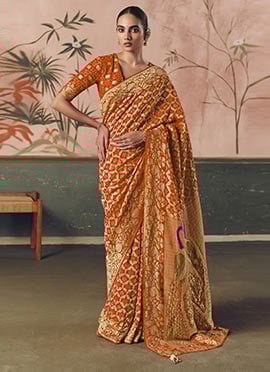 Orange Khadi Georgette Bandhej Woven Work Jacquard Saree