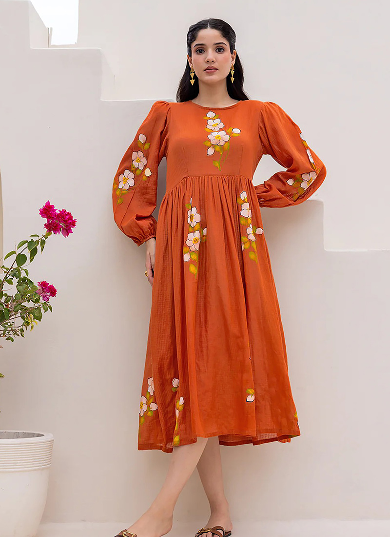 Orange Kota Cotton Floral Digital Printed Fit And Flare Dress After Six Wear