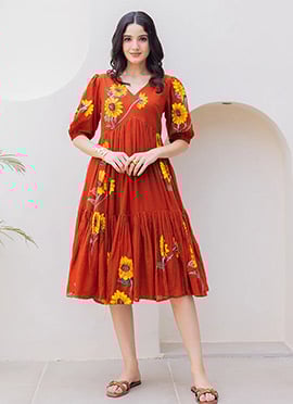 Orange Kota Cotton Floral Digital Printed Fit And Flare Dress