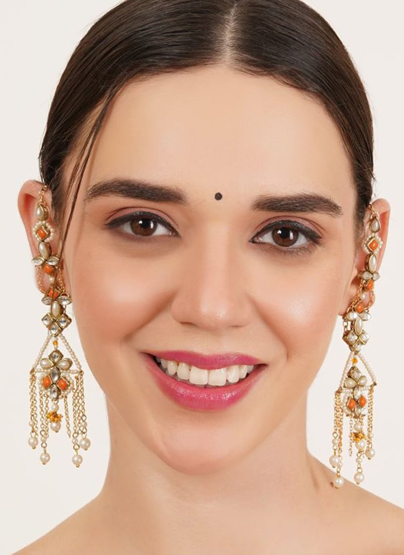 Orange Kundan And Beads Adorned Chandeliers Festive Wear