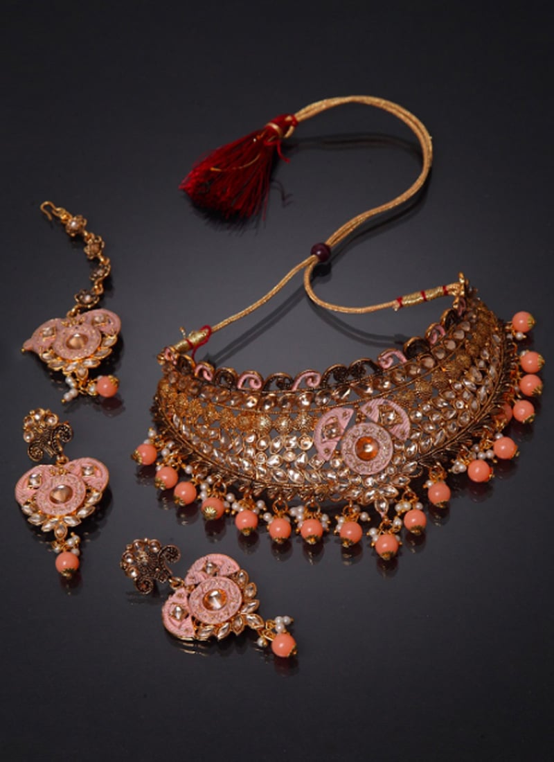 Orange Kundan Tassel Golden Plated Necklace Set