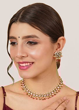 Orange Kundan With Beads And Mothi Work Choker