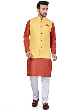 Orange Linen Blend Kurta Pyjama With Jacket