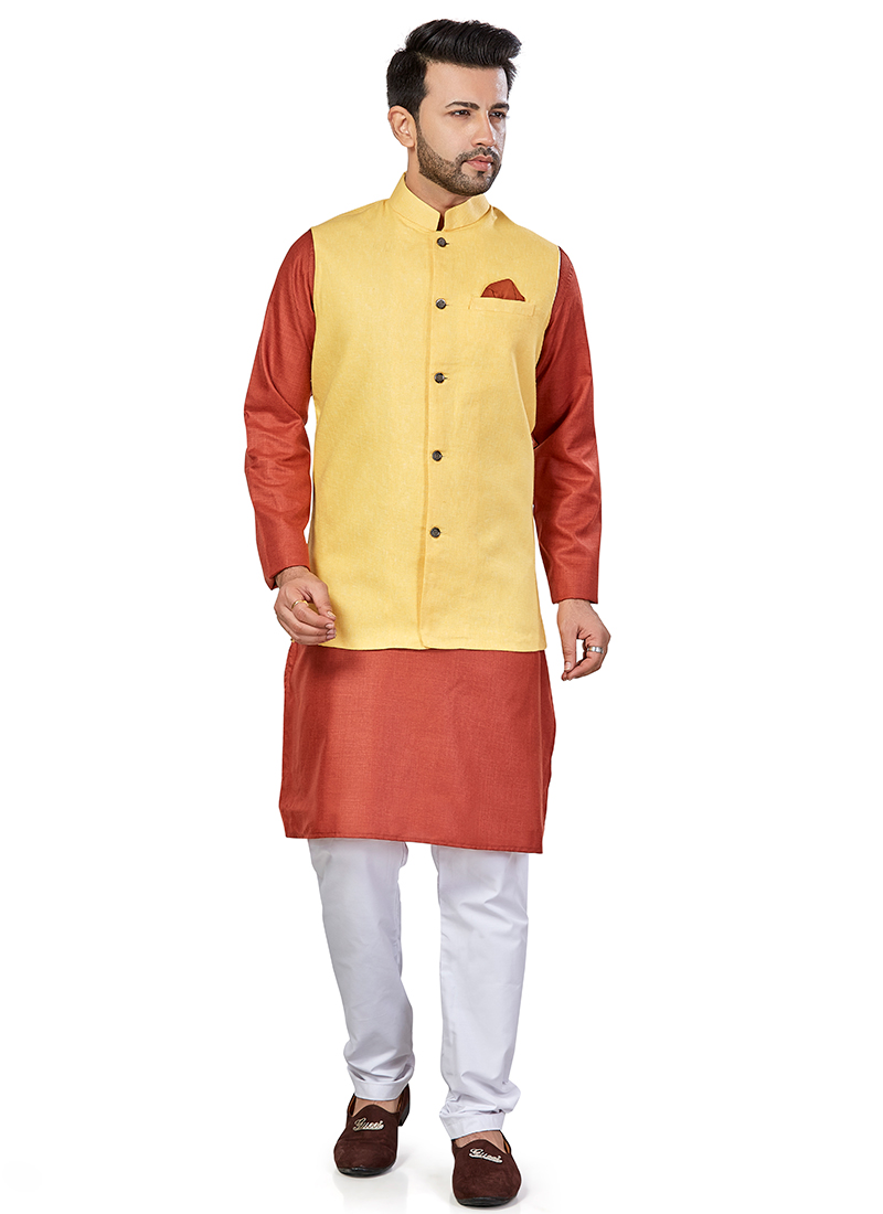 Orange Linen Blend Kurta Pyjama With Jacket