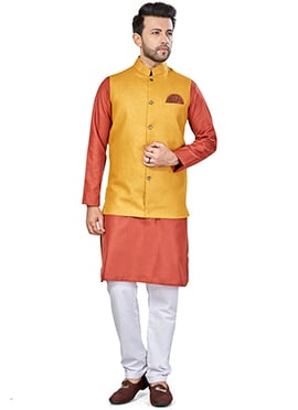Orange Linen Blend Kurta Pyjama With Jacket