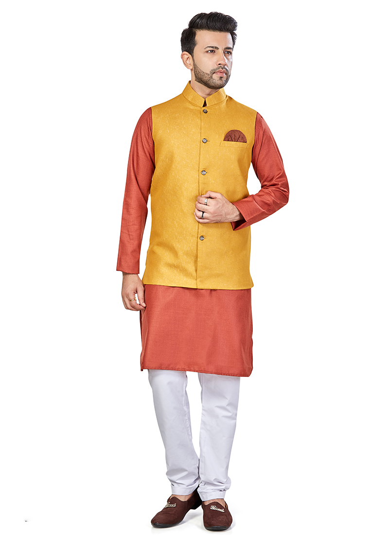 Orange Linen Blend Kurta Pyjama With Jacket