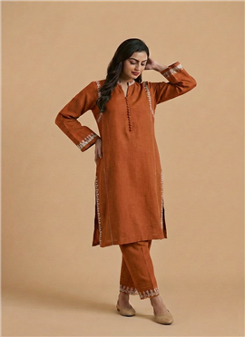 Orange Linen Cotton Kurta Set
