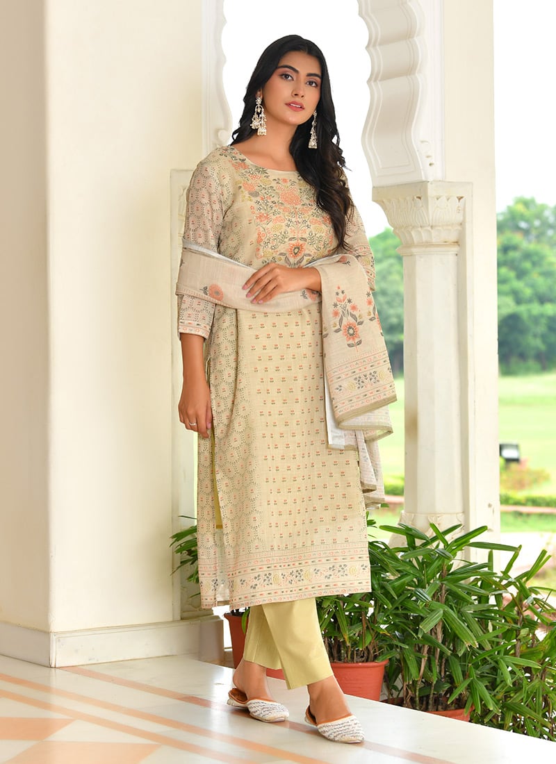 Orange Linen Printed And Zari Straight Pant Suit After Six Wear