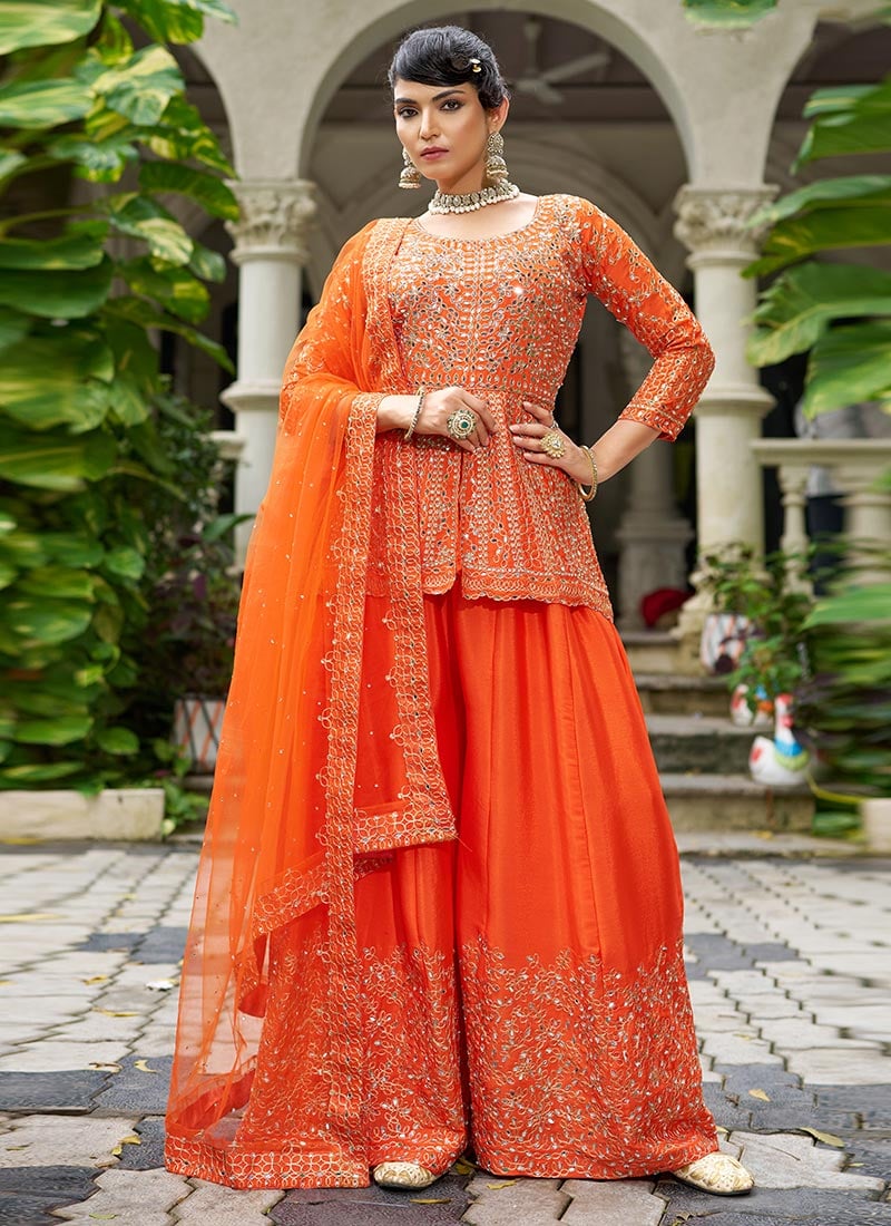 Orange Mirror Work With Embroidery Chinon High Slit Palazzo Suit Festive Wear