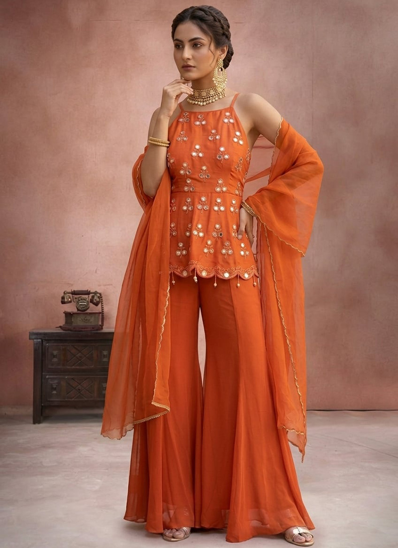 Orange Mirror Work With Zari Silk Palazzo Suit Festive Wear