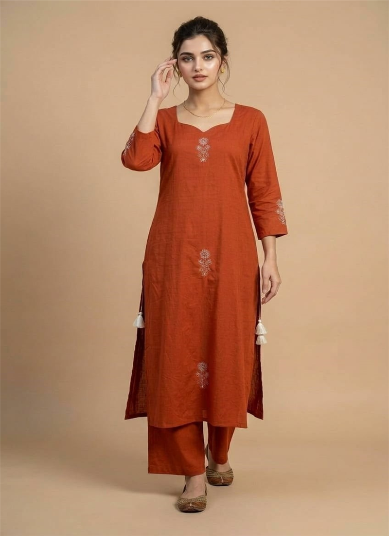 Orange Muslin Cotton Embroidered Kurta Set. After Six Wear