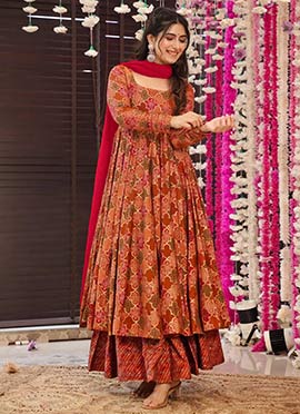 Orange Muslin Digital Print Anarkali Suit