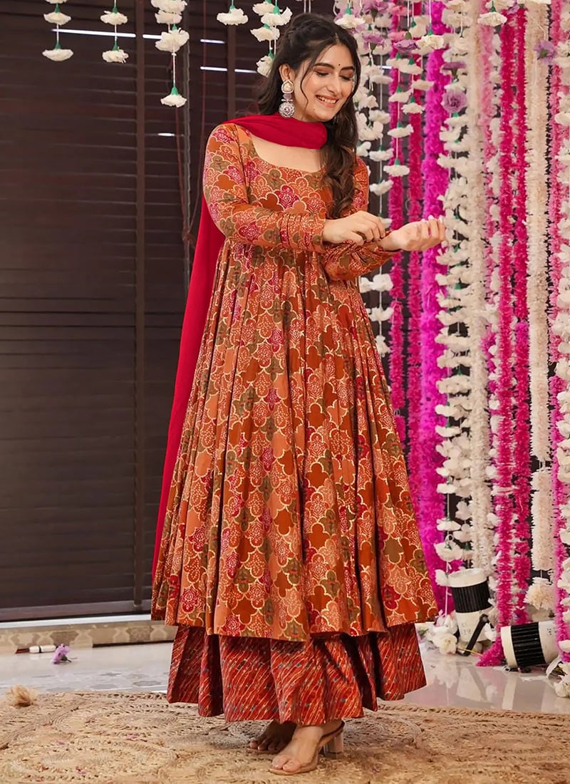 Orange Muslin Digital Print Anarkali Suit  Festive Wear