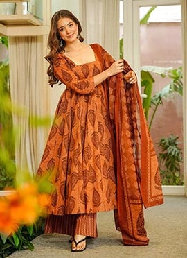 Orange Muslin Digital Print Anarkali Suit
