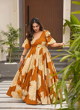 Orange Muslin Digital Print Gown
