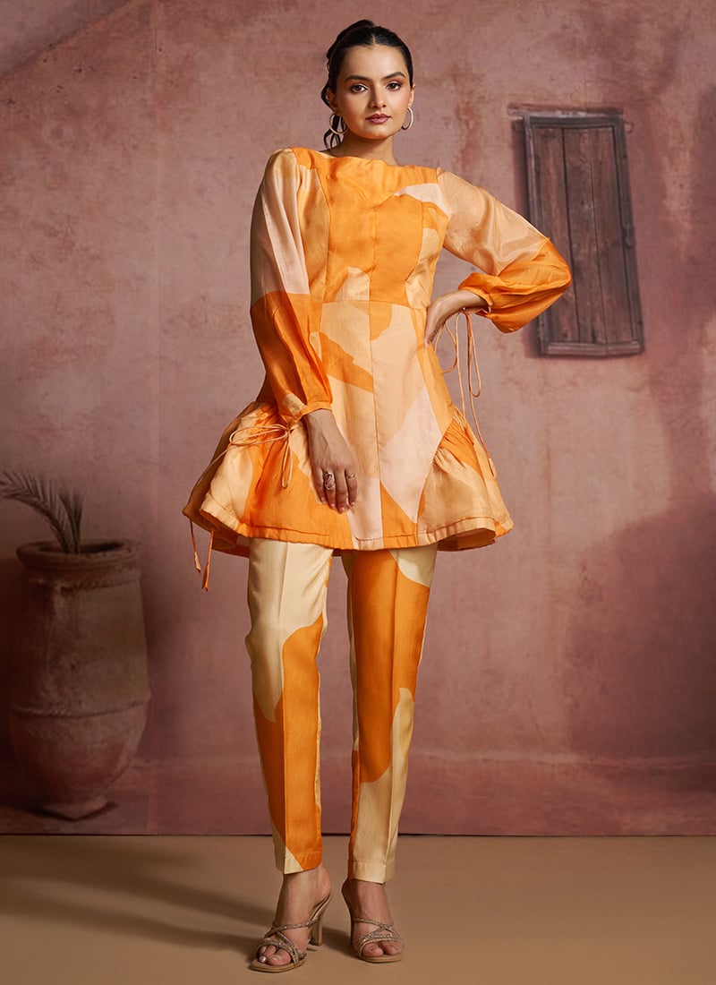 Orange Muslin Silk Printed Indowestern Sets And Suits After Six Wear