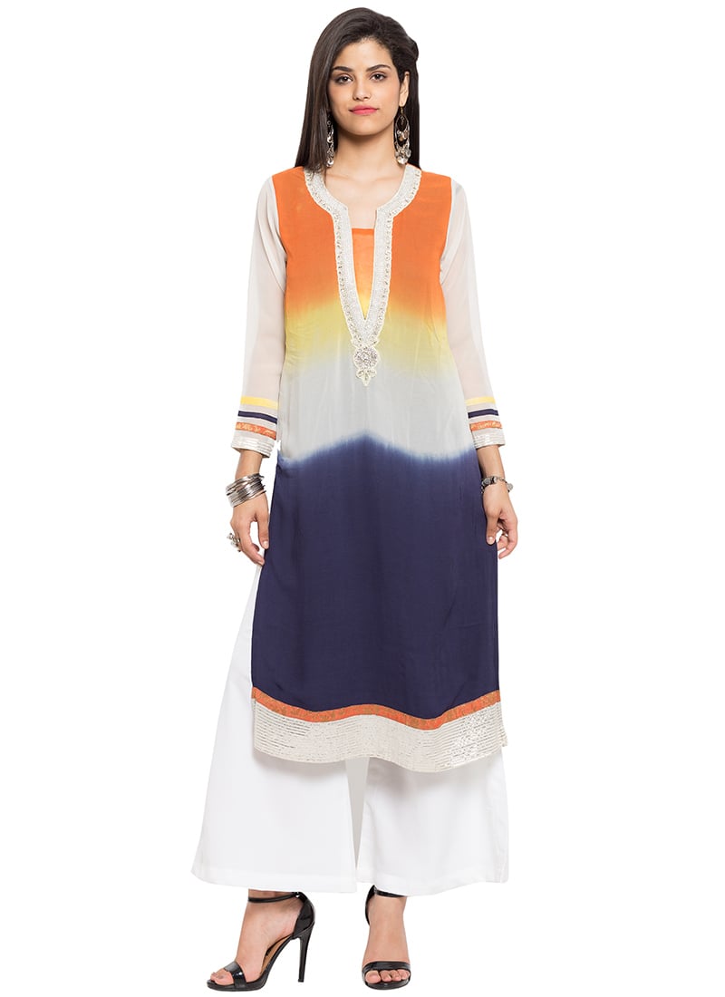 Orange N Navy Blue Georgette Kurti Party Wear