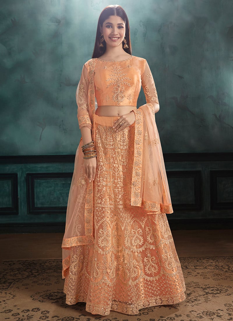 Orange Net A Line Lehenga Wedding Wear