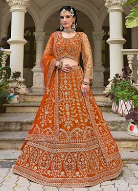 Orange Net Embroidered Sequins With Stone Work Lehenga