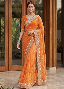 Orange Net Embroidered With Beads Work Saree