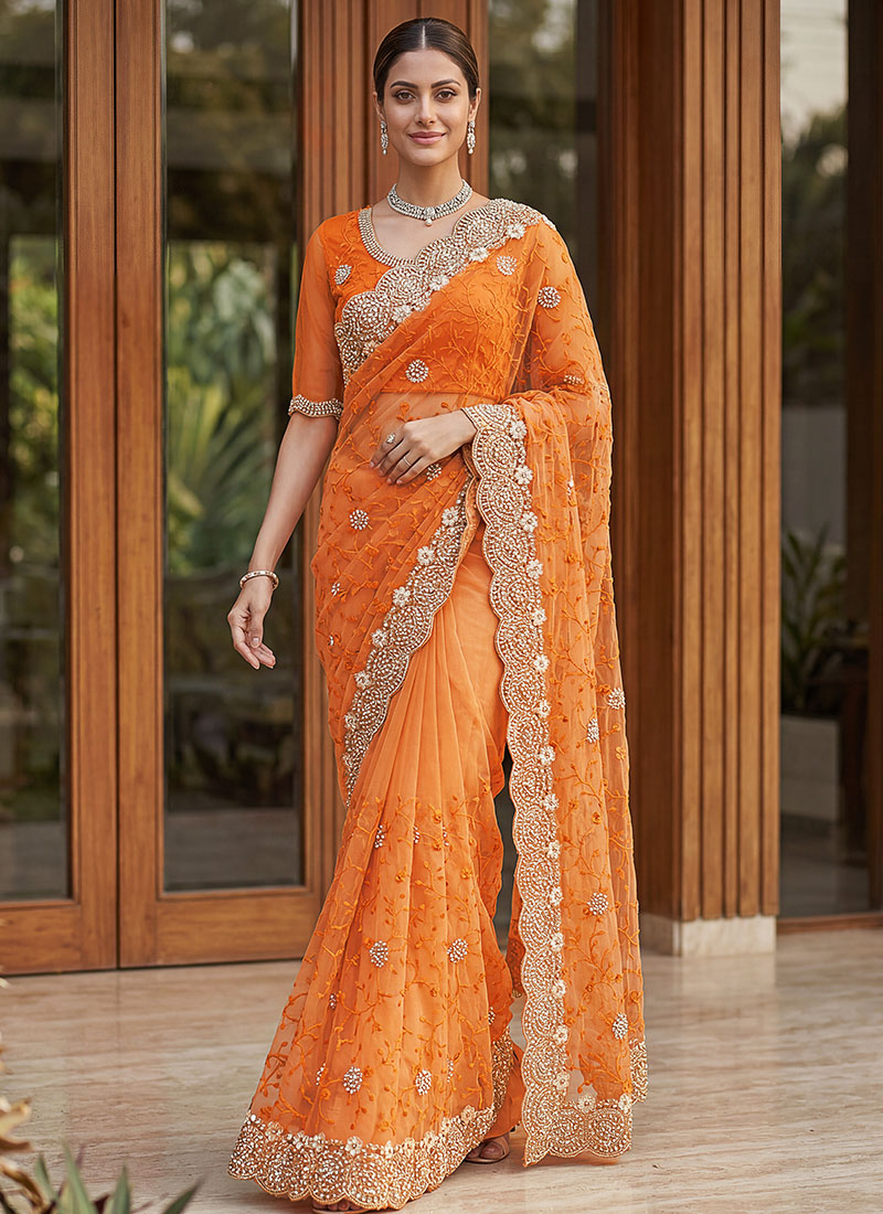 Orange Net Embroidered With Beads Work Saree After Six Wear