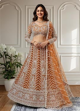 Orange Net Lehenga With Embroidery And Sequins Work