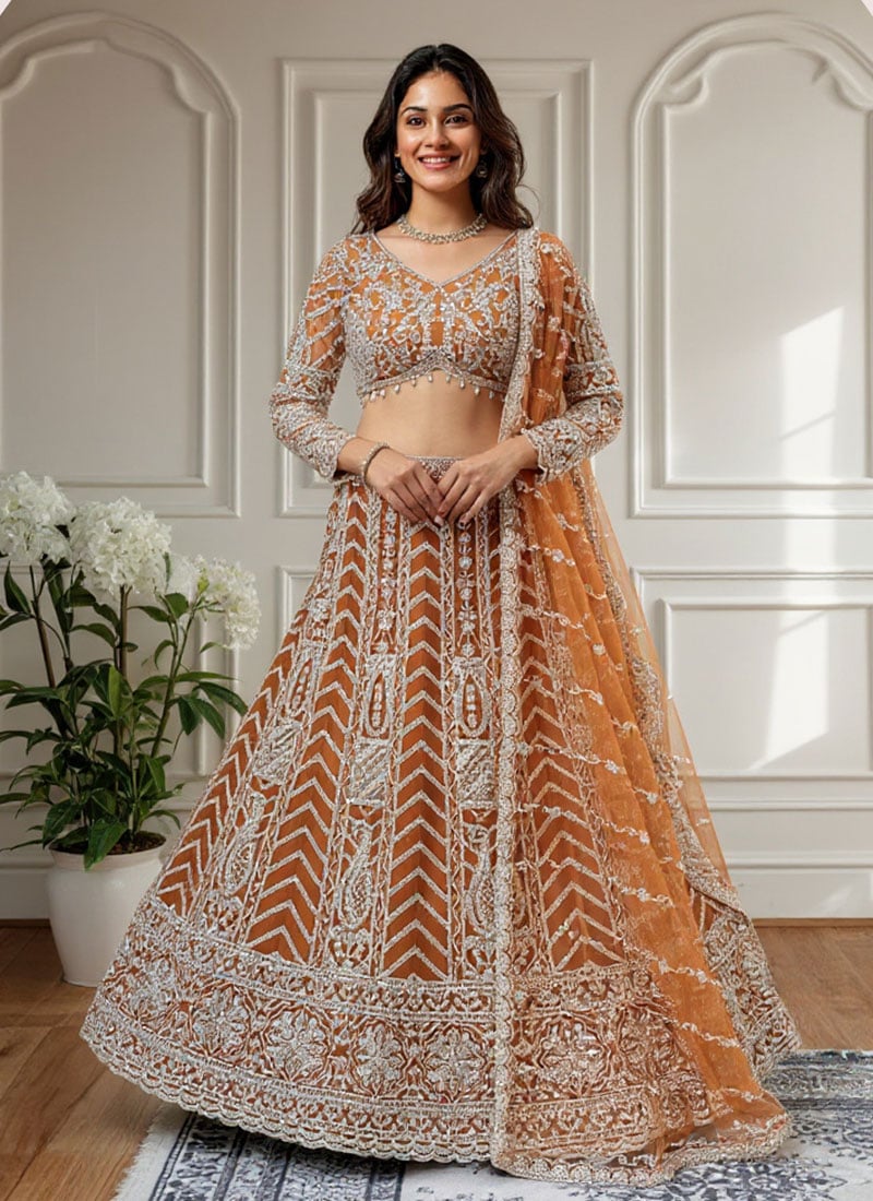 Orange Net Lehenga With Embroidery And Sequins Work Wedding Wear