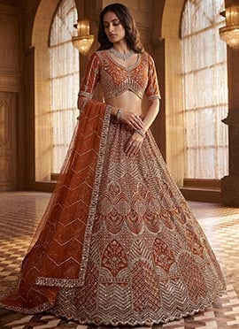 Orange Net Zardosi Embroidered Sequins Lehenga