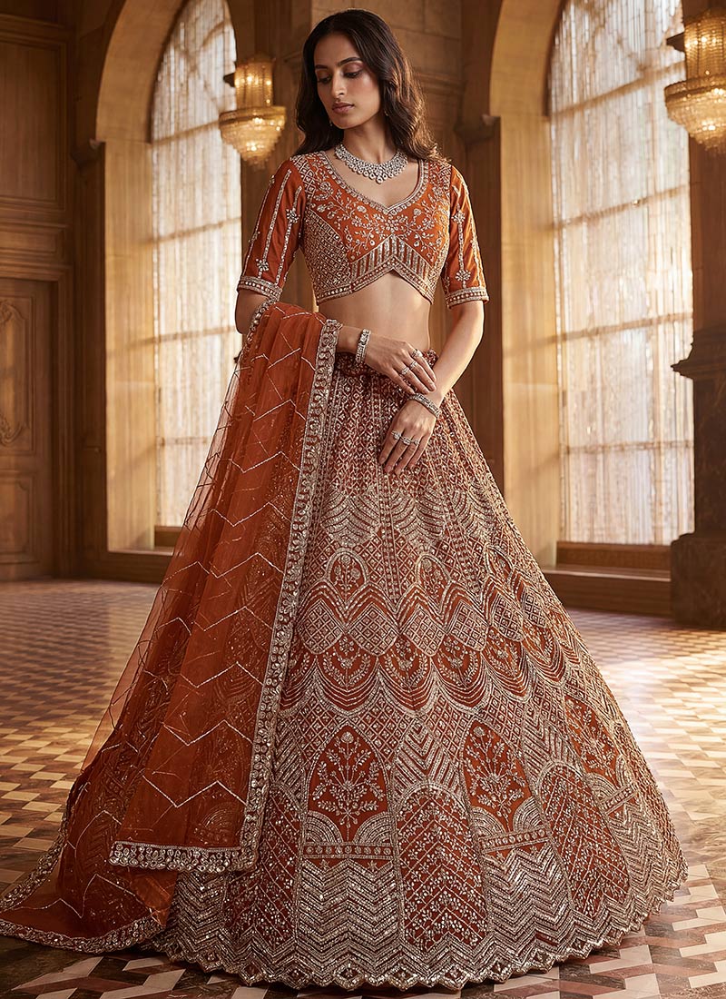 Orange Net Zardosi Embroidered Sequins Lehenga Wedding Wear