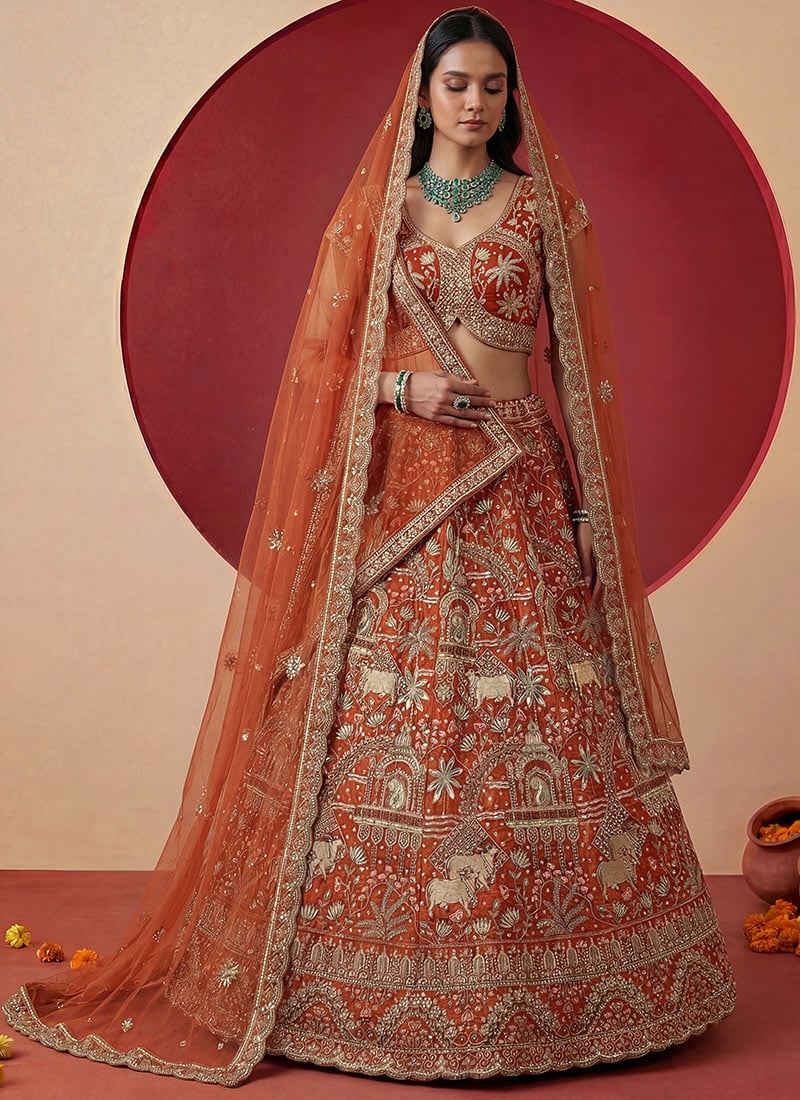 Orange Net Zari Sequins Embroidered Stones Thread A Line Lehenga Wedding Wear