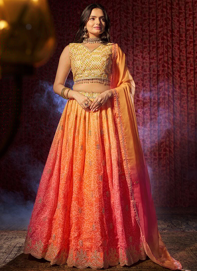 Orange Organza Bandhini Print Embroidered Sequins Stunning Lehenga Wedding Wear