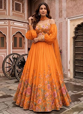 Orange Organza Beads Embroidered Digital Print Lehenga
