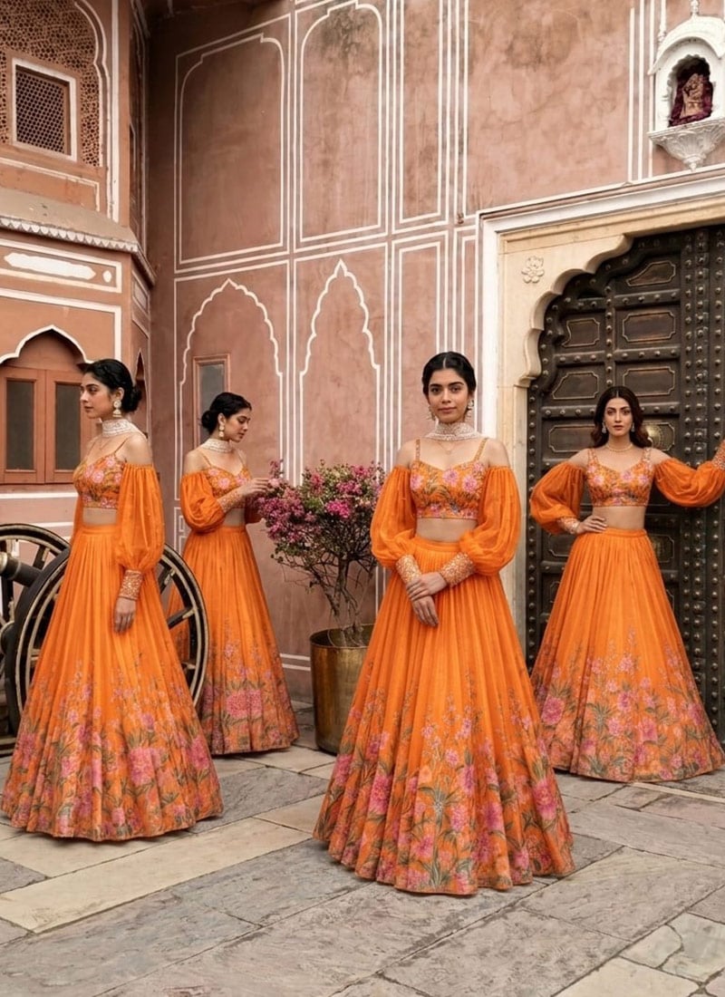 Orange Organza Beads Embroidered Digital Print Lehenga Wedding Wear