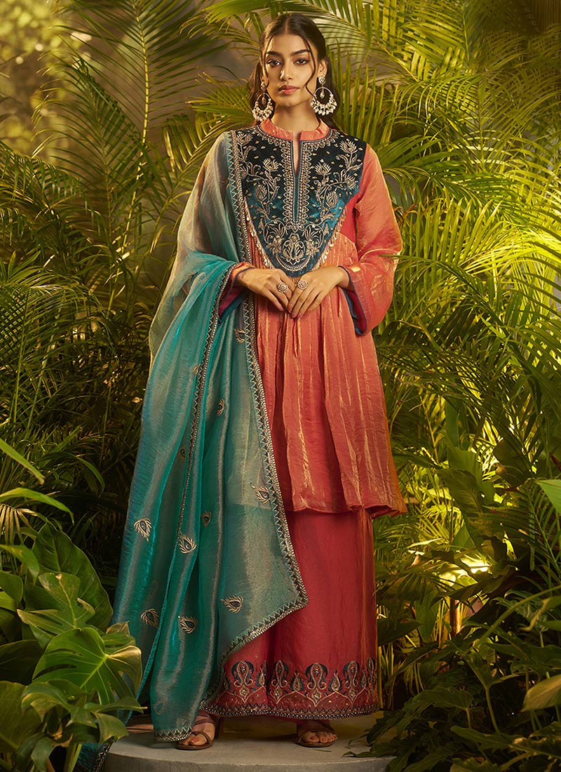 Orange Organza Embroidered Palazzo Suit Festive Wear