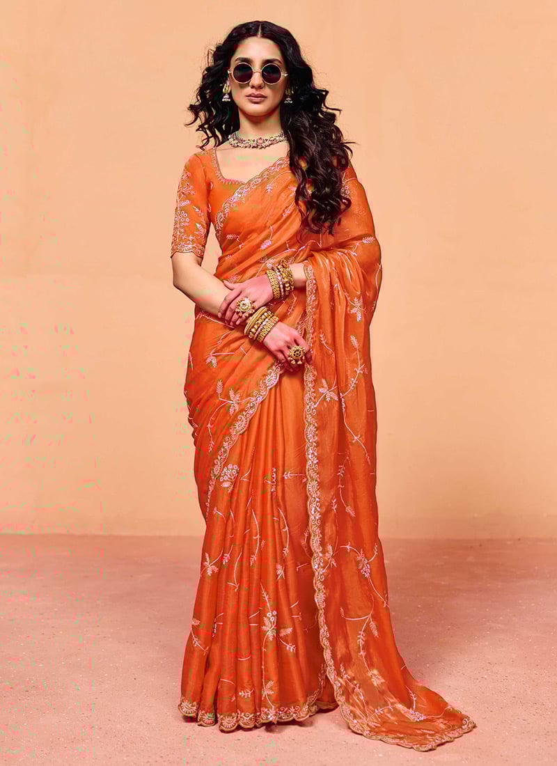 Orange Organza Embroidered Sequins Saree Festive Wear