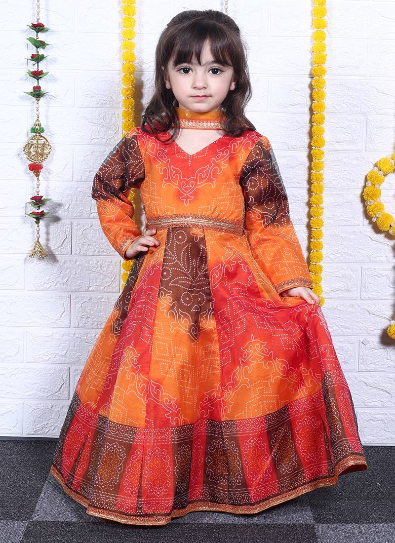 Orange Organza Printed Kids Girls Anarkali Suit Festive Wear