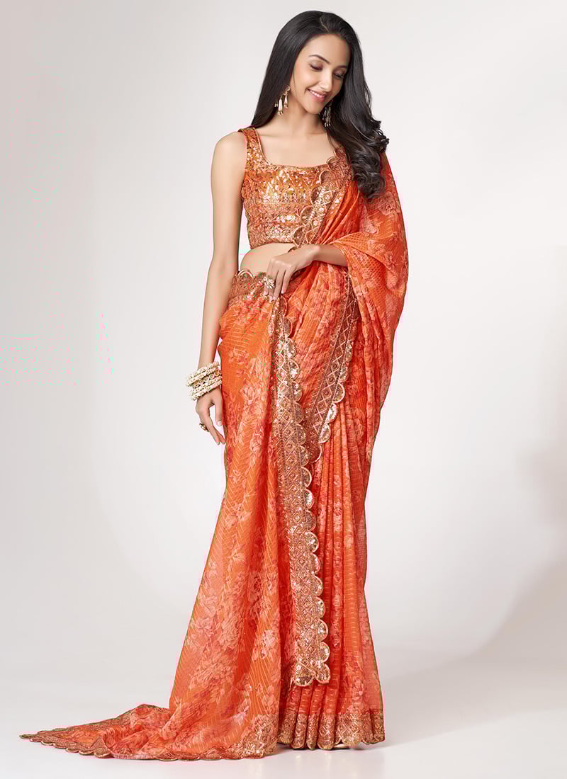Orange Organza Printed N Sequins Work Saree